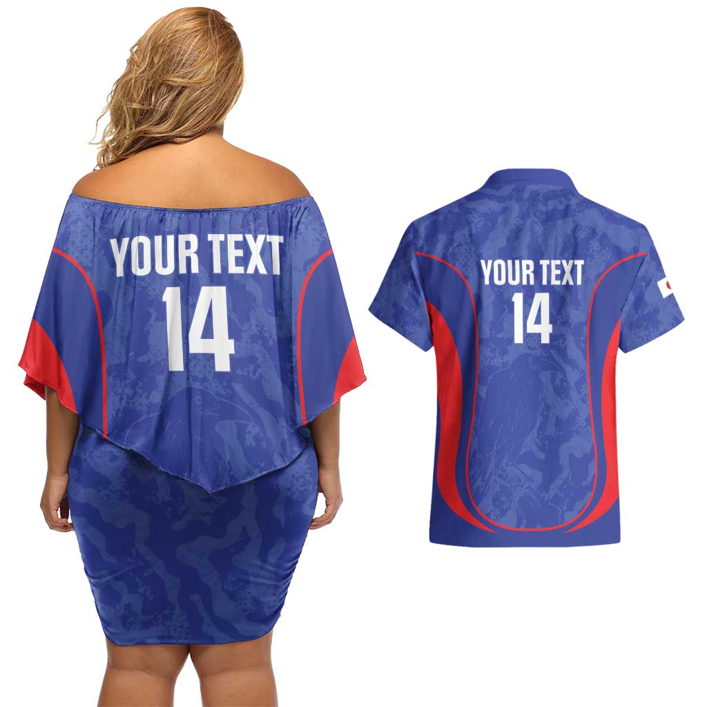Custom Japan Football Couples Matching Off Shoulder Short Dress and Hawaiian Shirt 2026 Come On Samurai Blue - Wonder Print Shop