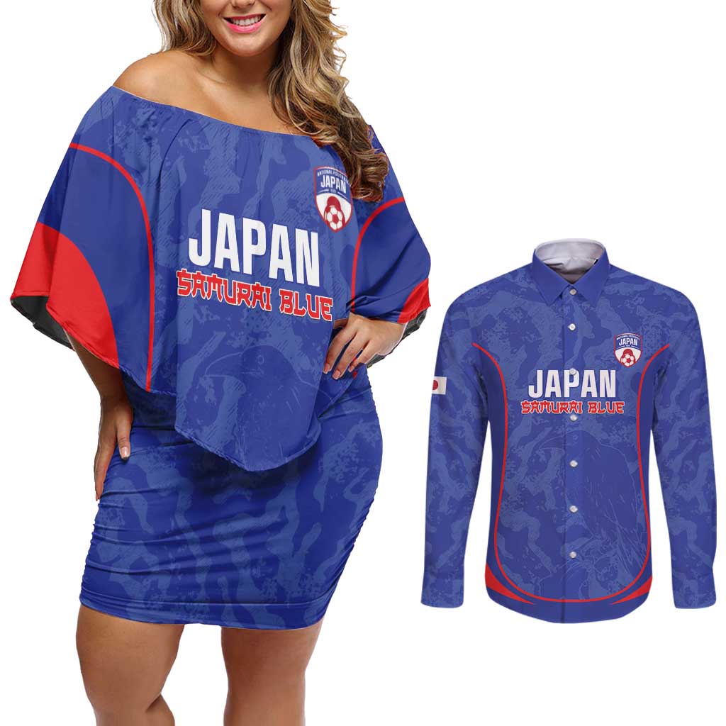 Custom Japan Football Couples Matching Off Shoulder Short Dress and Long Sleeve Button Shirt 2026 Come On Samurai Blue - Wonder Print Shop