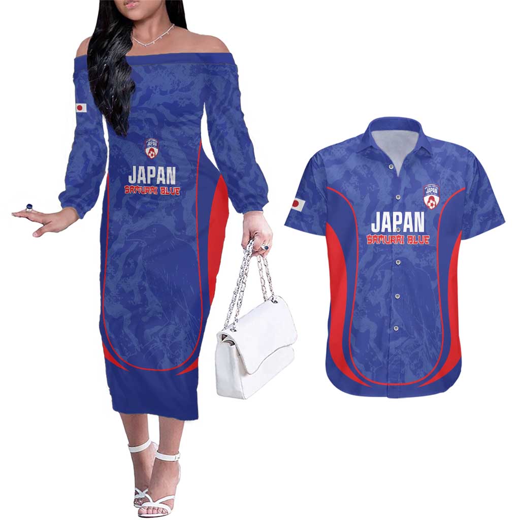 Custom Japan Football Couples Matching Off The Shoulder Long Sleeve Dress and Hawaiian Shirt 2026 Come On Samurai Blue - Wonder Print Shop