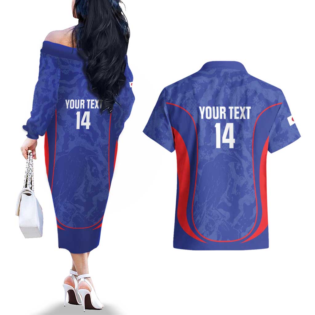 Custom Japan Football Couples Matching Off The Shoulder Long Sleeve Dress and Hawaiian Shirt 2026 Come On Samurai Blue - Wonder Print Shop
