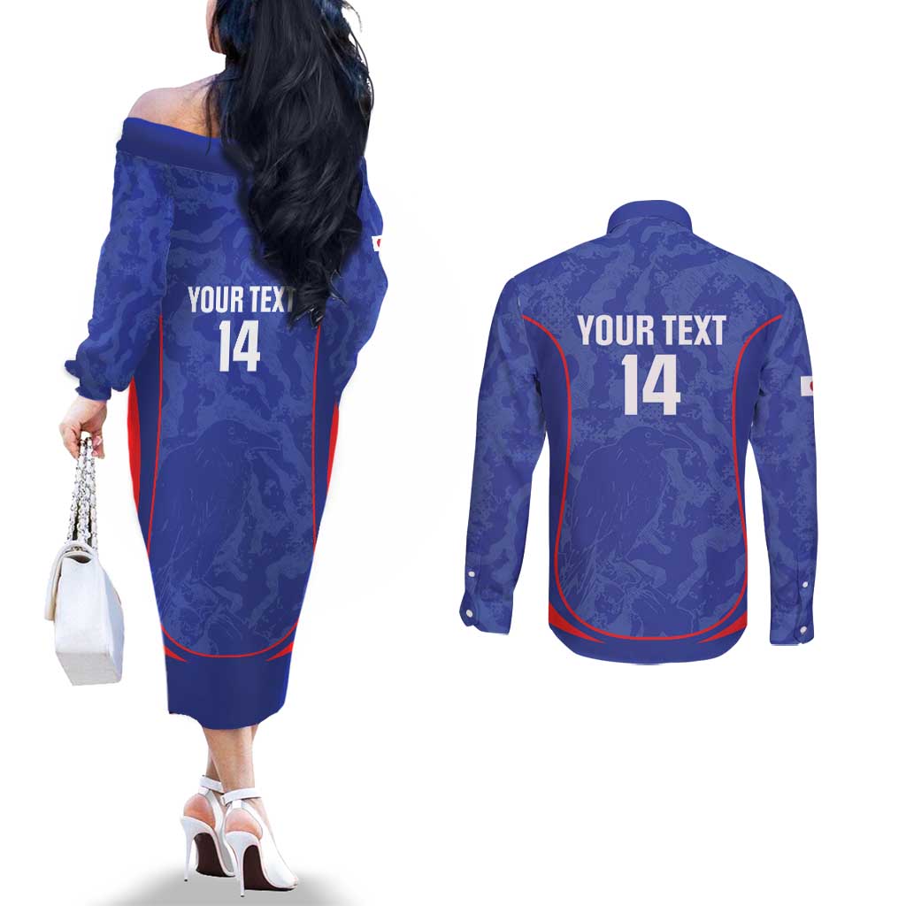 Custom Japan Football Couples Matching Off The Shoulder Long Sleeve Dress and Long Sleeve Button Shirt 2026 Come On Samurai Blue - Wonder Print Shop