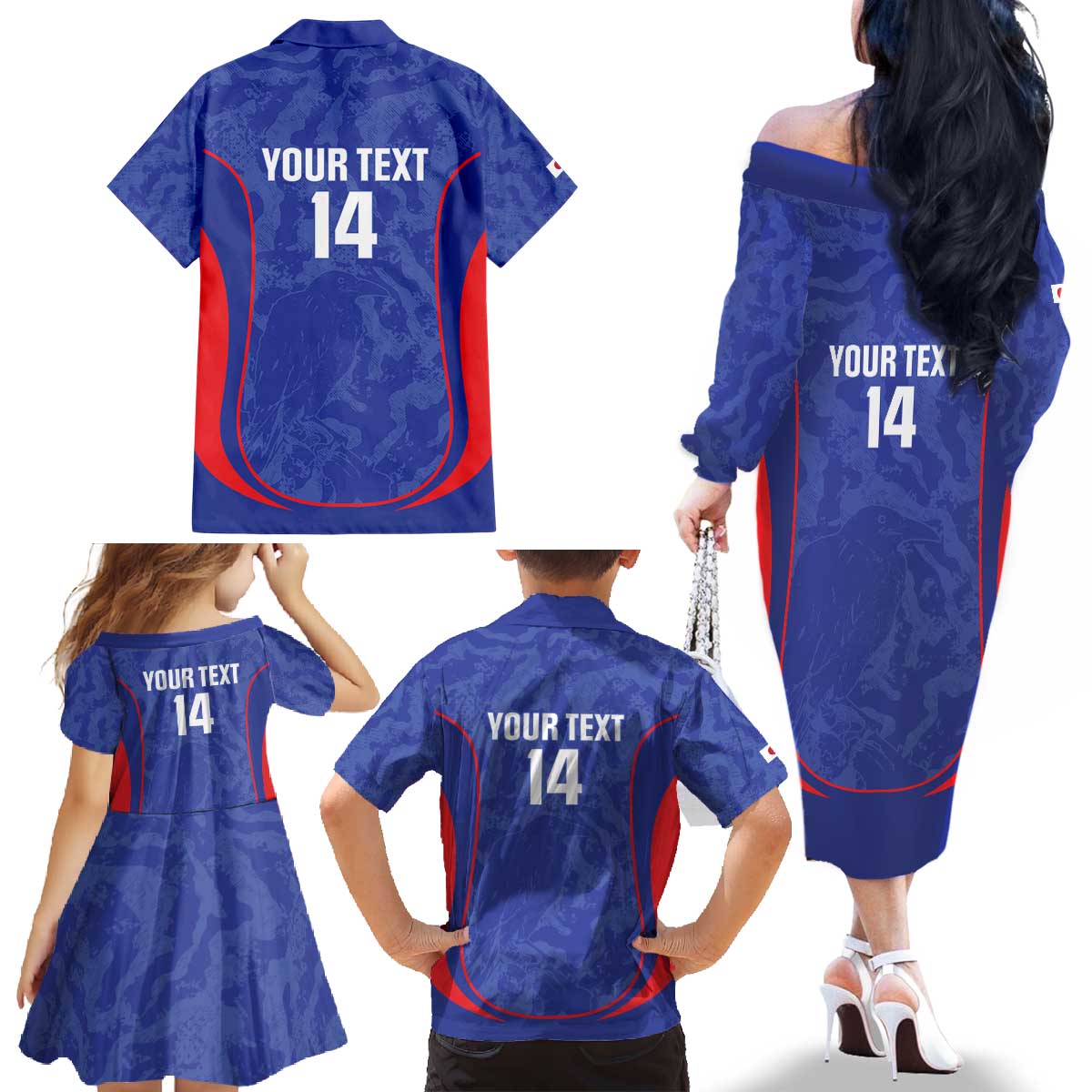 Custom Japan Football Family Matching Off The Shoulder Long Sleeve Dress and Hawaiian Shirt 2026 Come On Samurai Blue - Wonder Print Shop