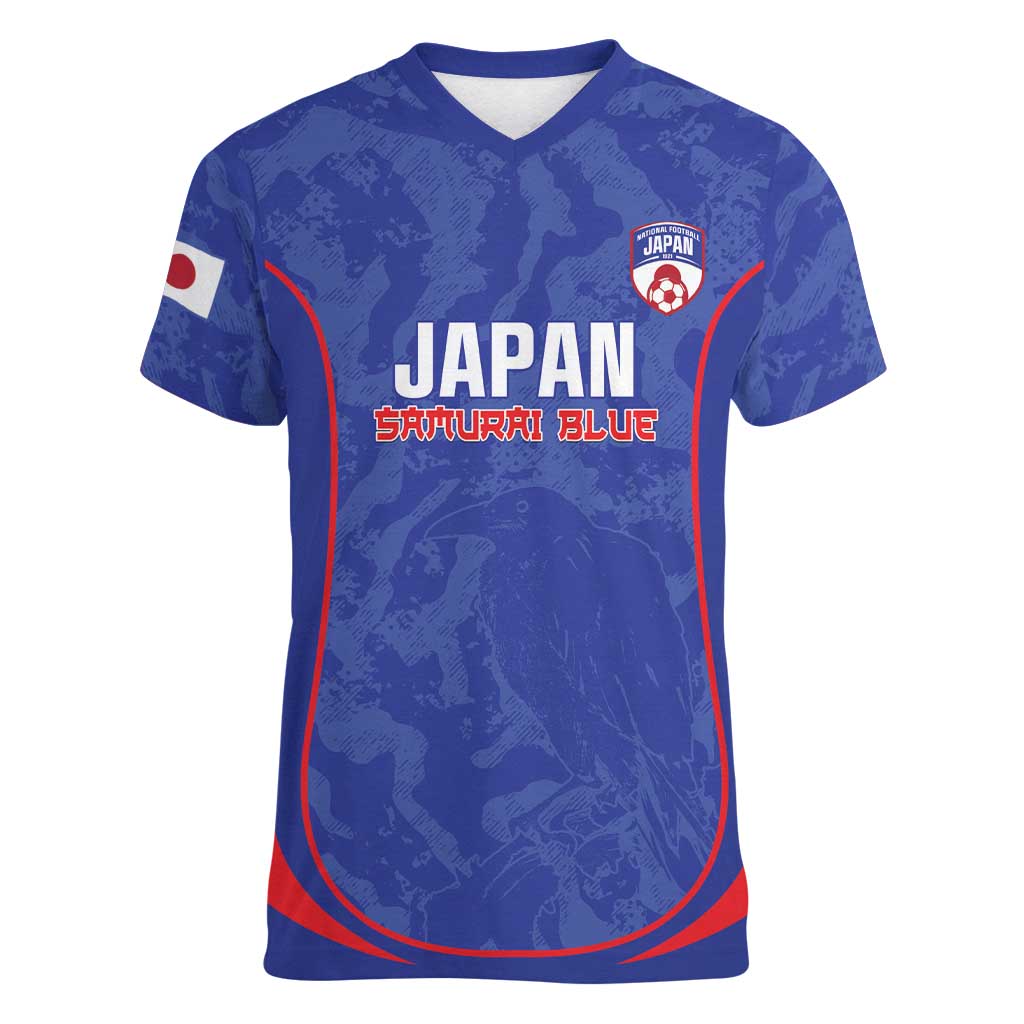 Custom Japan Football Women V-Neck T-Shirt 2026 Come On Samurai Blue - Wonder Print Shop