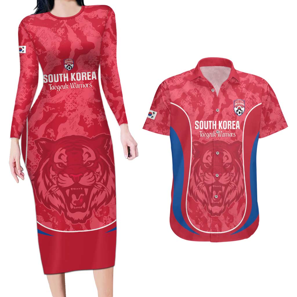 Custom South Korea Football Couples Matching Long Sleeve Bodycon Dress and Hawaiian Shirt 2026 Come On Taegeuk Warriors - Wonder Print Shop