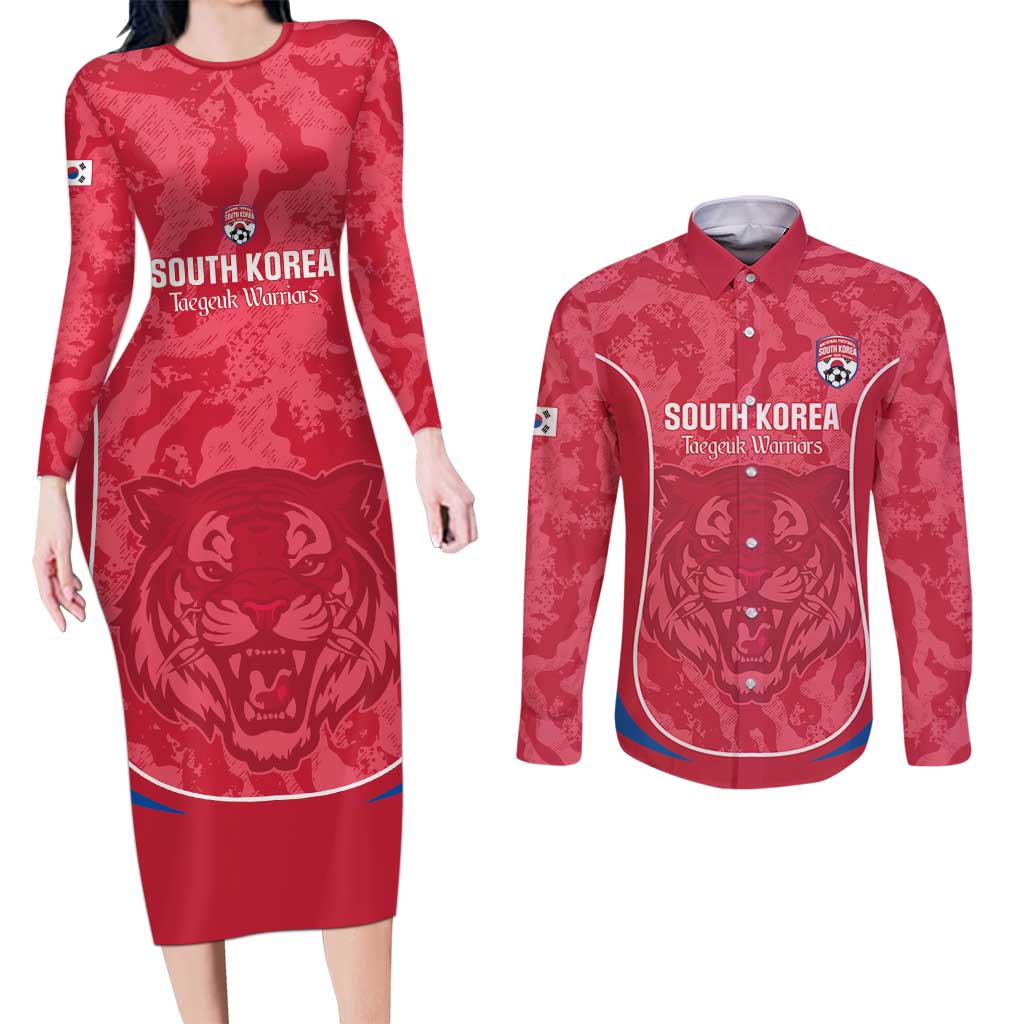 Custom South Korea Football Couples Matching Long Sleeve Bodycon Dress and Long Sleeve Button Shirt 2026 Come On Taegeuk Warriors - Wonder Print Shop