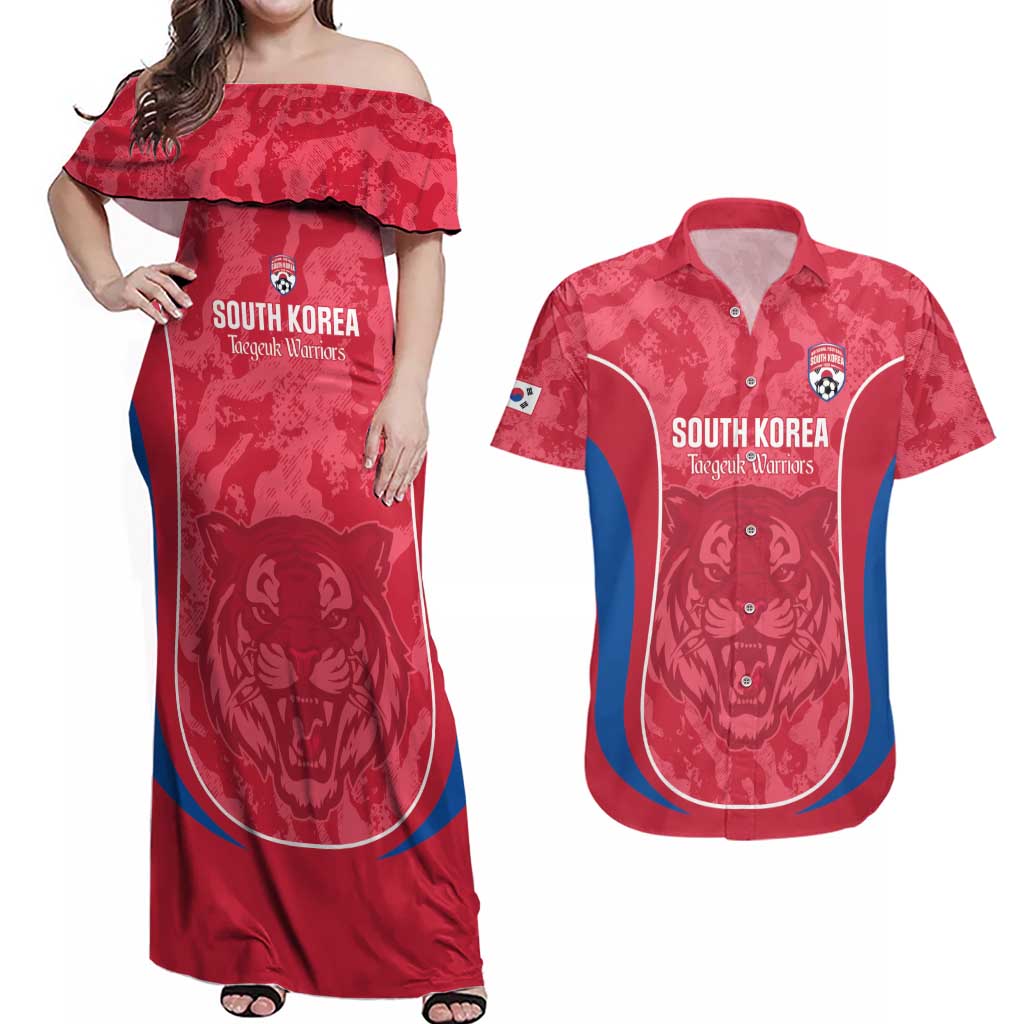 Custom South Korea Football Couples Matching Off Shoulder Maxi Dress and Hawaiian Shirt 2026 Come On Taegeuk Warriors - Wonder Print Shop