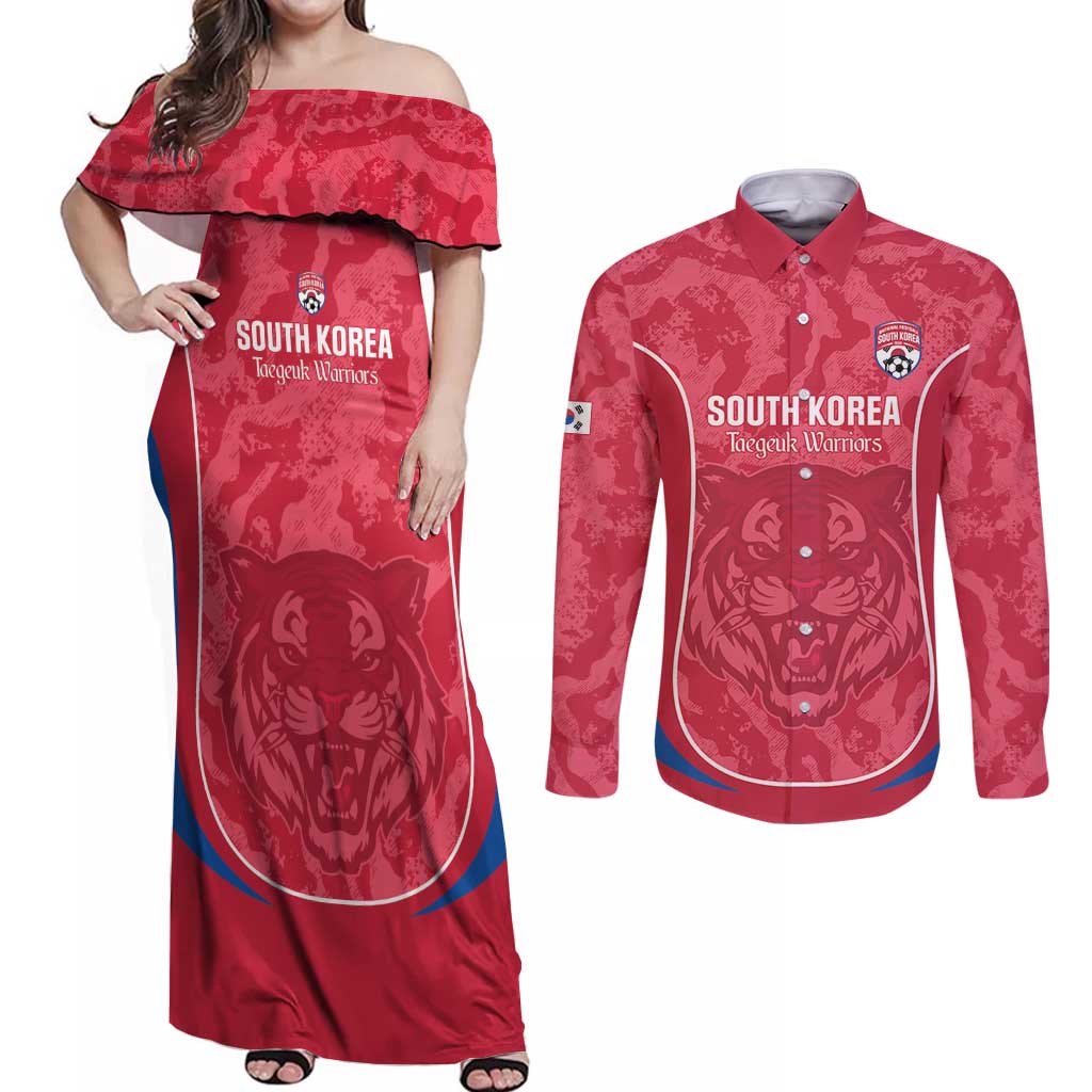 Custom South Korea Football Couples Matching Off Shoulder Maxi Dress and Long Sleeve Button Shirt 2026 Come On Taegeuk Warriors - Wonder Print Shop