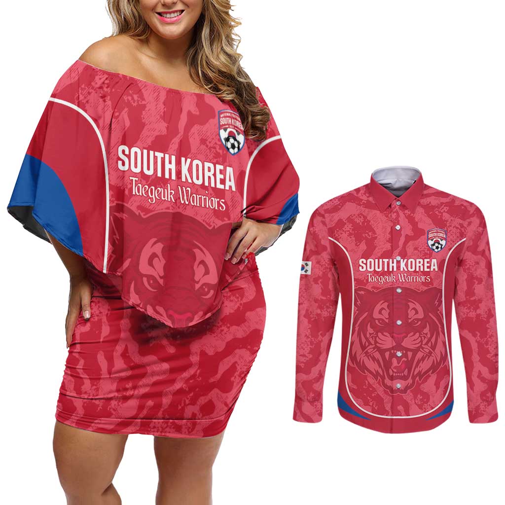 Custom South Korea Football Couples Matching Off Shoulder Short Dress and Long Sleeve Button Shirt 2026 Come On Taegeuk Warriors - Wonder Print Shop