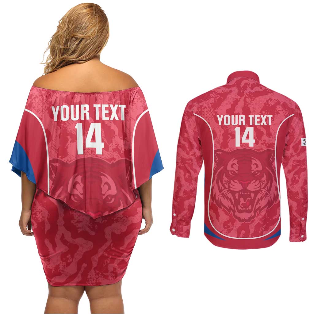 Custom South Korea Football Couples Matching Off Shoulder Short Dress and Long Sleeve Button Shirt 2026 Come On Taegeuk Warriors - Wonder Print Shop