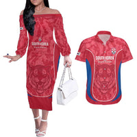 Custom South Korea Football Couples Matching Off The Shoulder Long Sleeve Dress and Hawaiian Shirt 2026 Come On Taegeuk Warriors - Wonder Print Shop