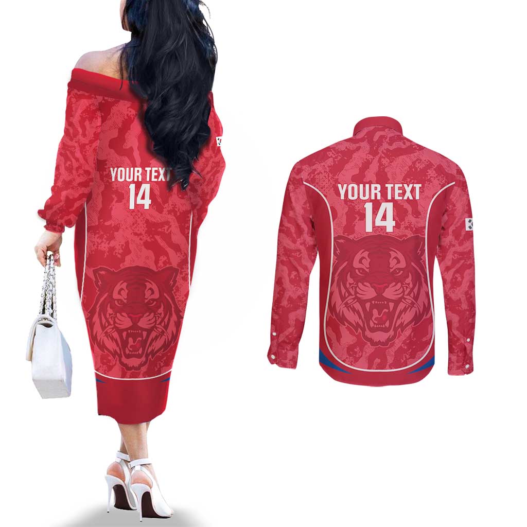 Custom South Korea Football Couples Matching Off The Shoulder Long Sleeve Dress and Long Sleeve Button Shirt 2026 Come On Taegeuk Warriors - Wonder Print Shop