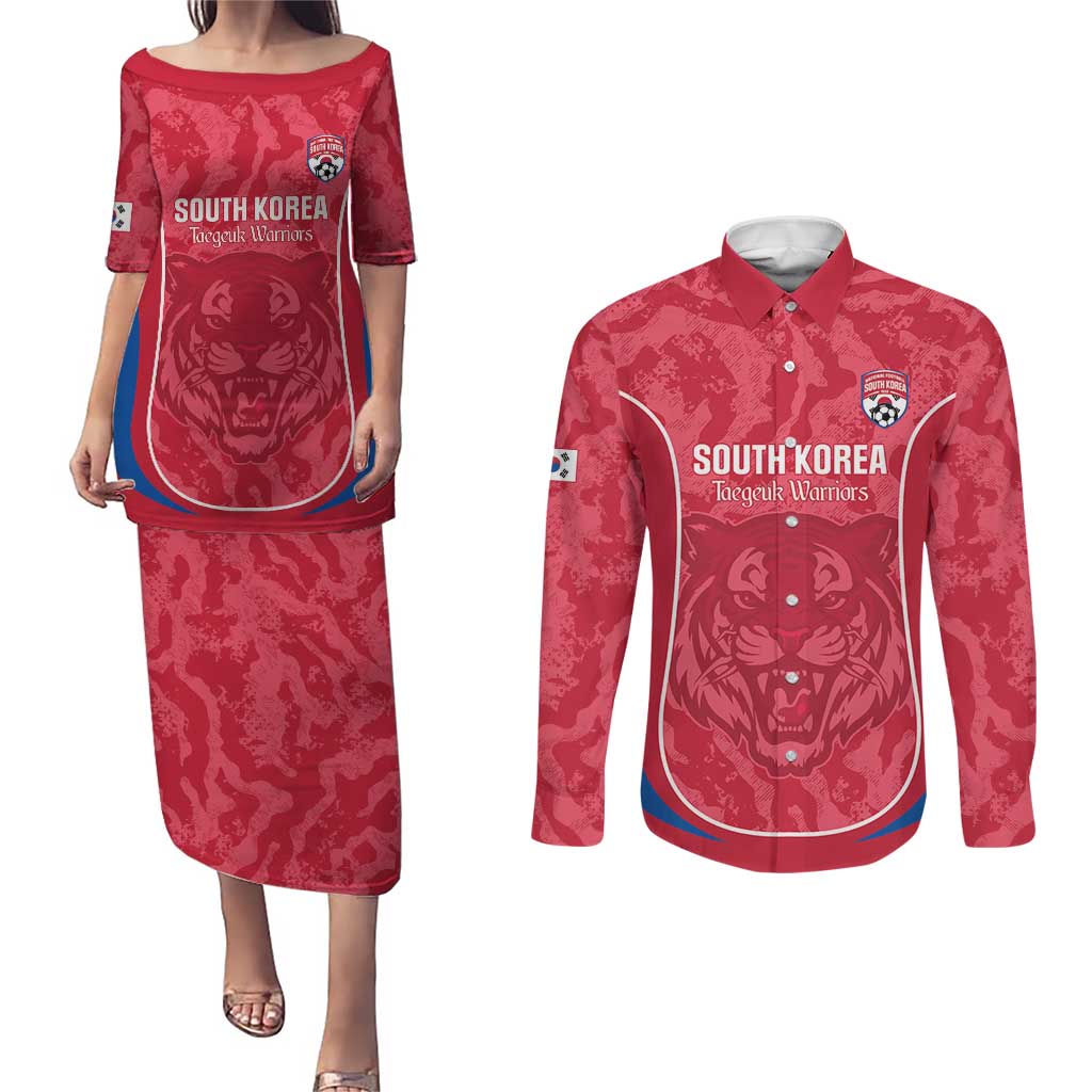 Custom South Korea Football Couples Matching Puletasi and Long Sleeve Button Shirt 2026 Come On Taegeuk Warriors - Wonder Print Shop
