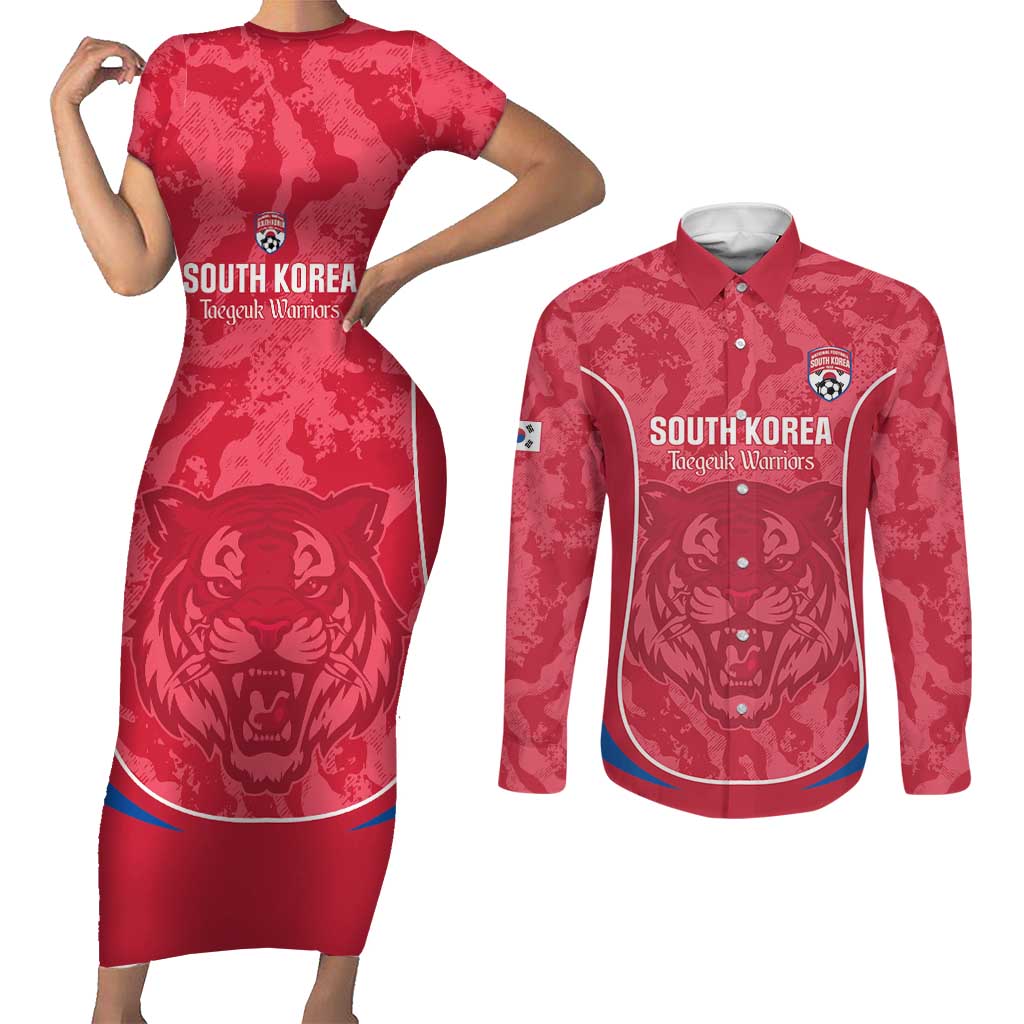 Custom South Korea Football Couples Matching Short Sleeve Bodycon Dress and Long Sleeve Button Shirt 2026 Come On Taegeuk Warriors - Wonder Print Shop