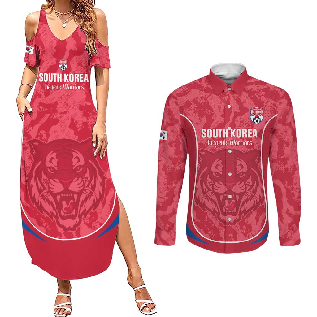 Custom South Korea Football Couples Matching Summer Maxi Dress and Long Sleeve Button Shirt 2026 Come On Taegeuk Warriors - Wonder Print Shop