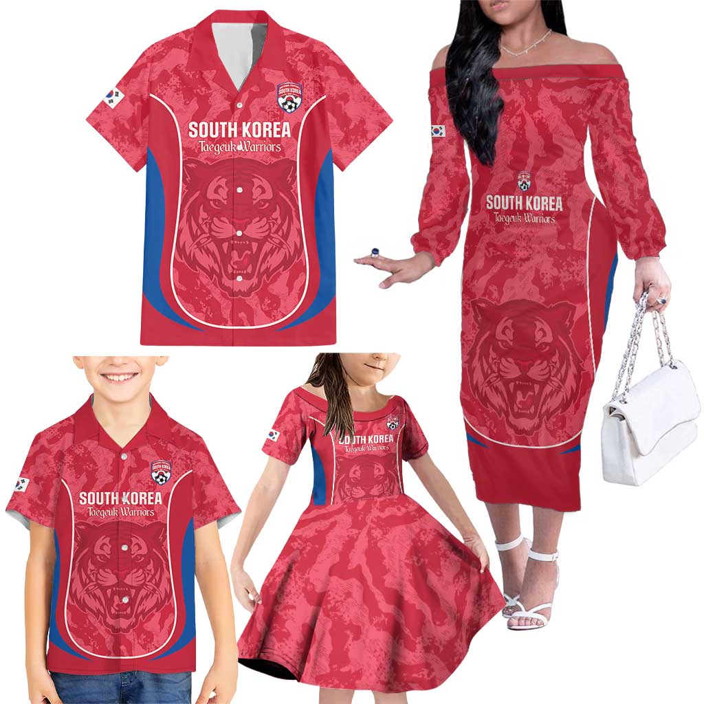 Custom South Korea Football Family Matching Off The Shoulder Long Sleeve Dress and Hawaiian Shirt 2026 Come On Taegeuk Warriors - Wonder Print Shop