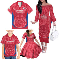 Custom South Korea Football Family Matching Off The Shoulder Long Sleeve Dress and Hawaiian Shirt 2026 Come On Taegeuk Warriors - Wonder Print Shop