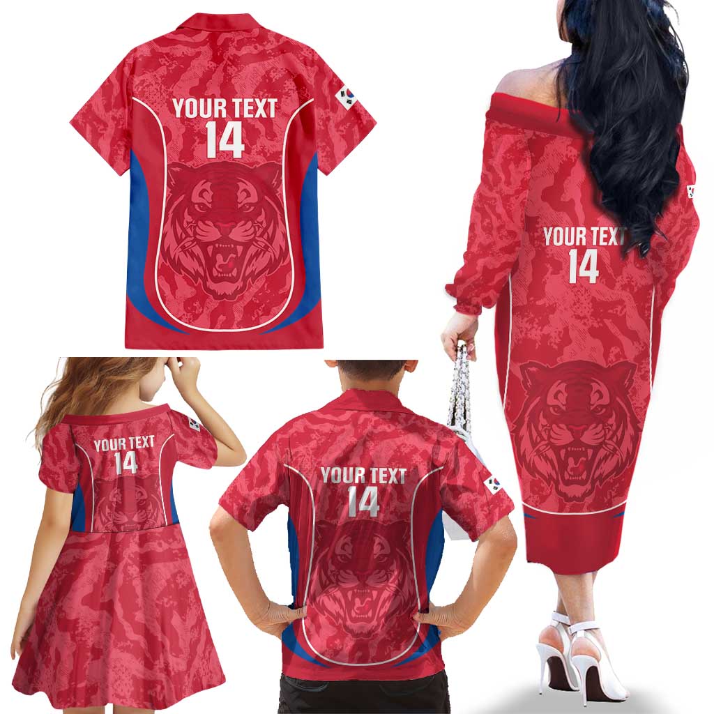Custom South Korea Football Family Matching Off The Shoulder Long Sleeve Dress and Hawaiian Shirt 2026 Come On Taegeuk Warriors - Wonder Print Shop