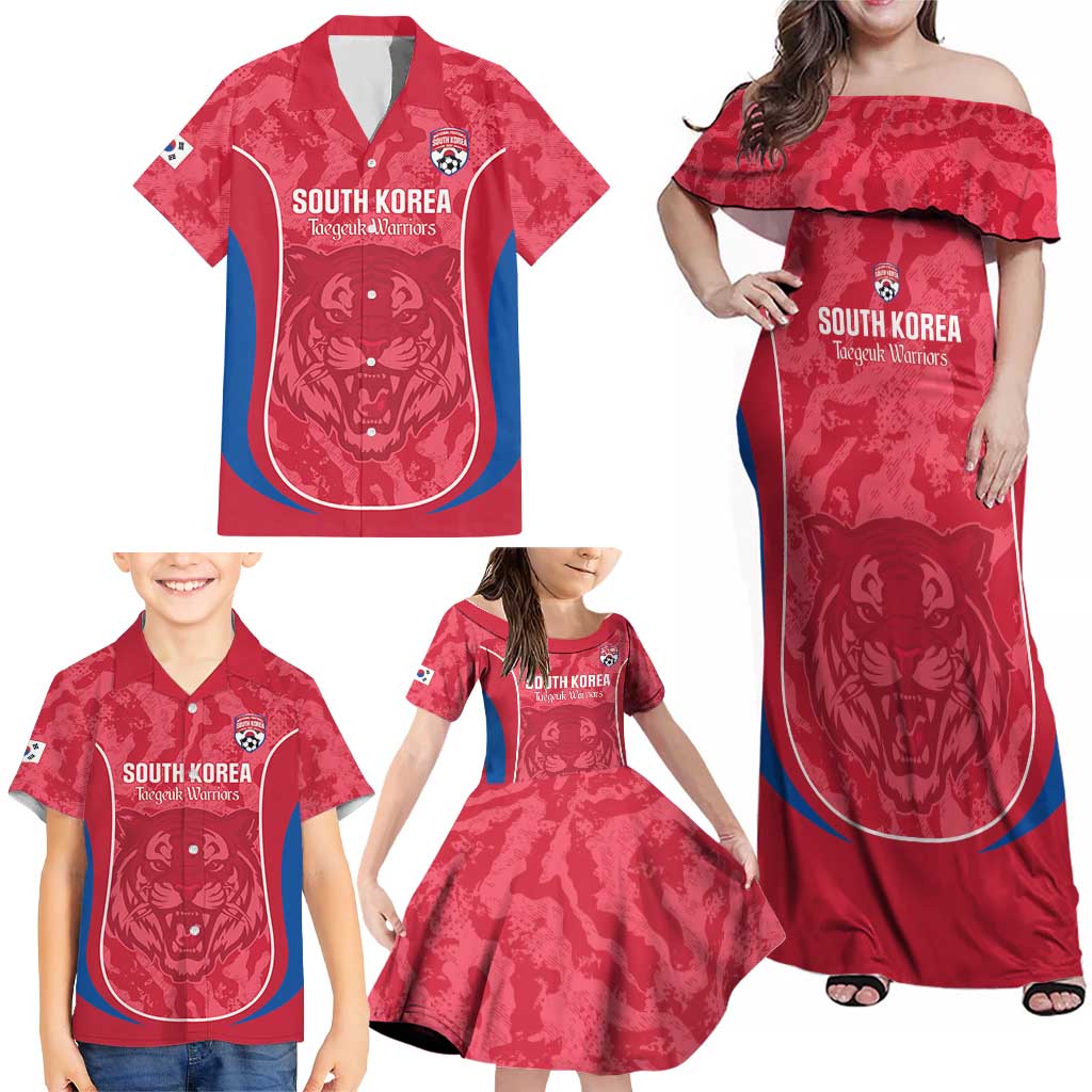 Custom South Korea Football Family Matching Off Shoulder Maxi Dress and Hawaiian Shirt 2026 Come On Taegeuk Warriors - Wonder Print Shop