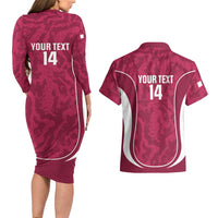 Custom Qatar Football Couples Matching Long Sleeve Bodycon Dress and Hawaiian Shirt 2026 Come On The Maroons - Wonder Print Shop