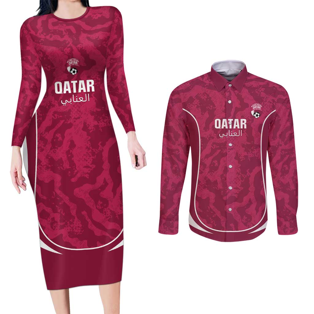 Custom Qatar Football Couples Matching Long Sleeve Bodycon Dress and Long Sleeve Button Shirt 2026 Come On The Maroons - Wonder Print Shop