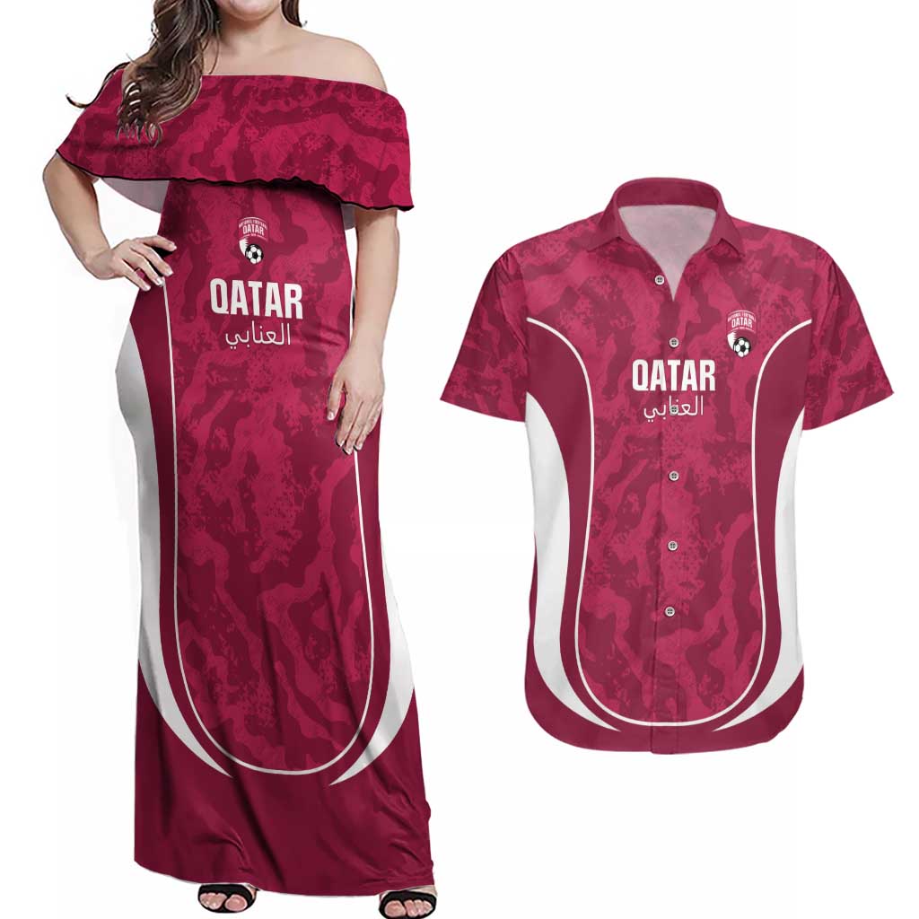 Custom Qatar Football Couples Matching Off Shoulder Maxi Dress and Hawaiian Shirt 2026 Come On The Maroons - Wonder Print Shop