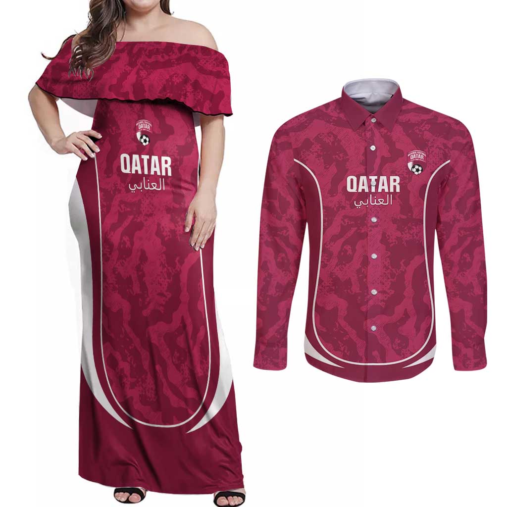 Custom Qatar Football Couples Matching Off Shoulder Maxi Dress and Long Sleeve Button Shirt 2026 Come On The Maroons - Wonder Print Shop