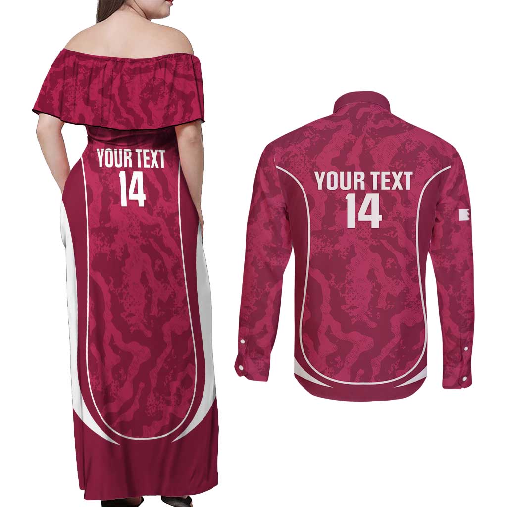 Custom Qatar Football Couples Matching Off Shoulder Maxi Dress and Long Sleeve Button Shirt 2026 Come On The Maroons - Wonder Print Shop