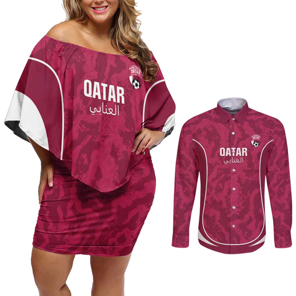 Custom Qatar Football Couples Matching Off Shoulder Short Dress and Long Sleeve Button Shirt 2026 Come On The Maroons - Wonder Print Shop