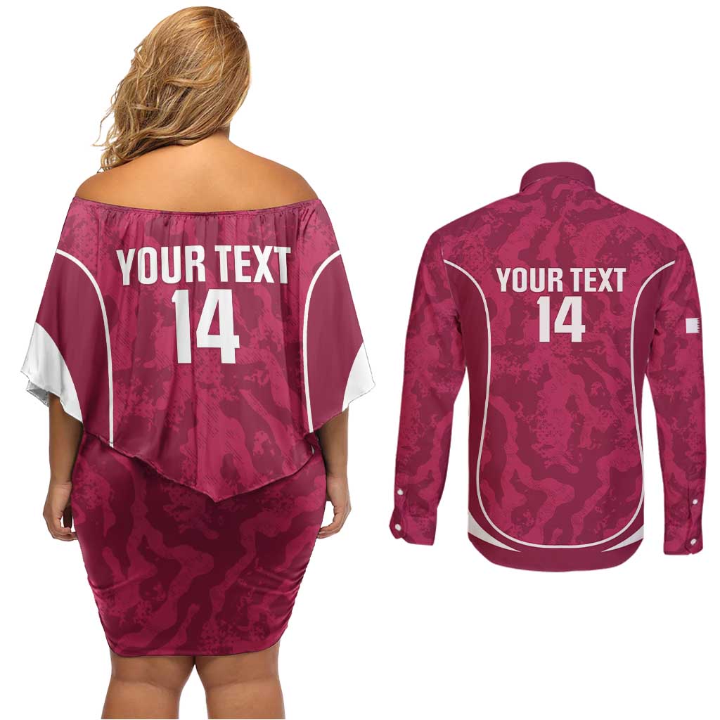 Custom Qatar Football Couples Matching Off Shoulder Short Dress and Long Sleeve Button Shirt 2026 Come On The Maroons - Wonder Print Shop