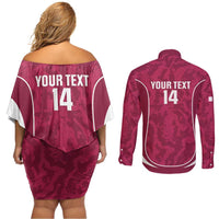 Custom Qatar Football Couples Matching Off Shoulder Short Dress and Long Sleeve Button Shirt 2026 Come On The Maroons - Wonder Print Shop