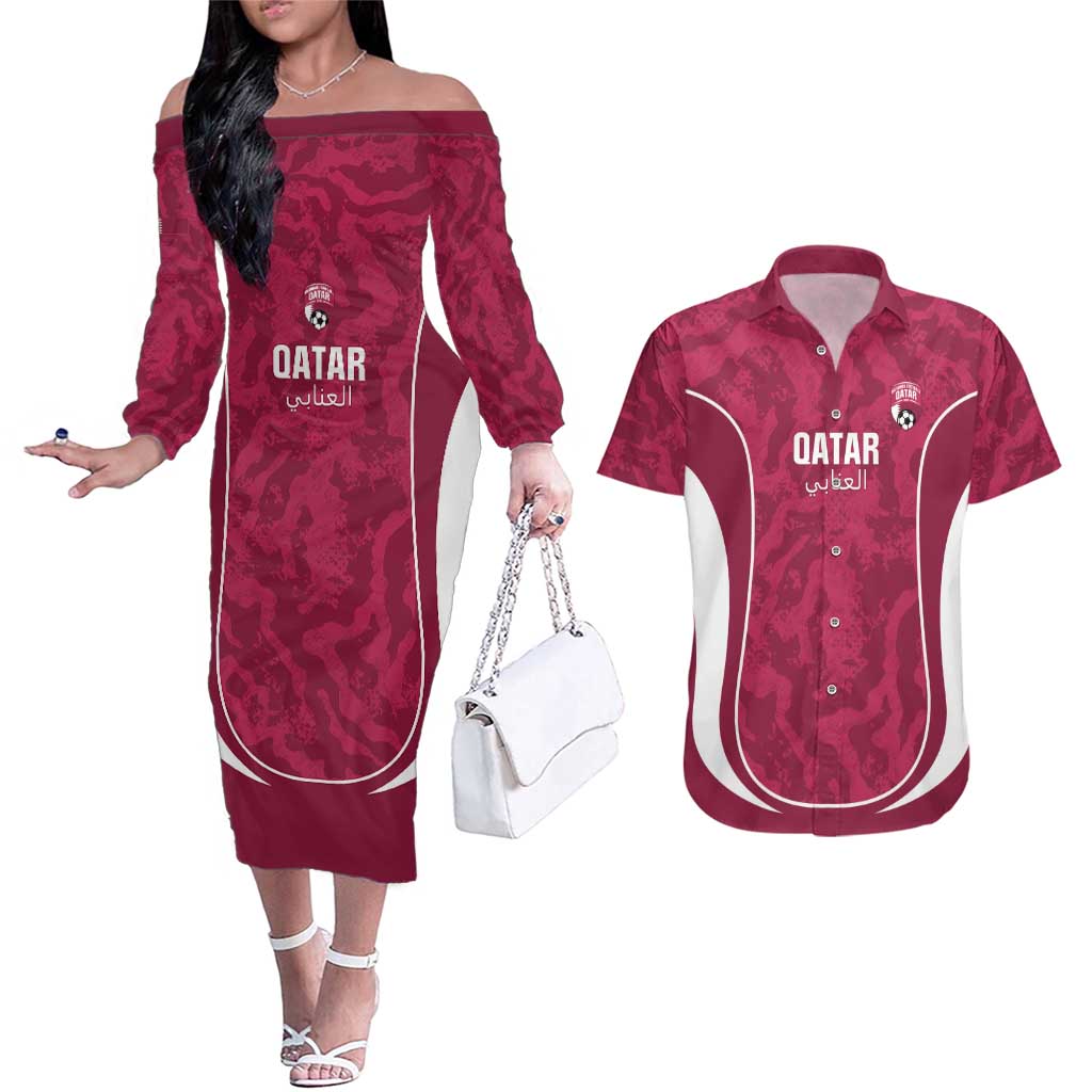 Custom Qatar Football Couples Matching Off The Shoulder Long Sleeve Dress and Hawaiian Shirt 2026 Come On The Maroons - Wonder Print Shop
