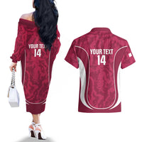 Custom Qatar Football Couples Matching Off The Shoulder Long Sleeve Dress and Hawaiian Shirt 2026 Come On The Maroons - Wonder Print Shop