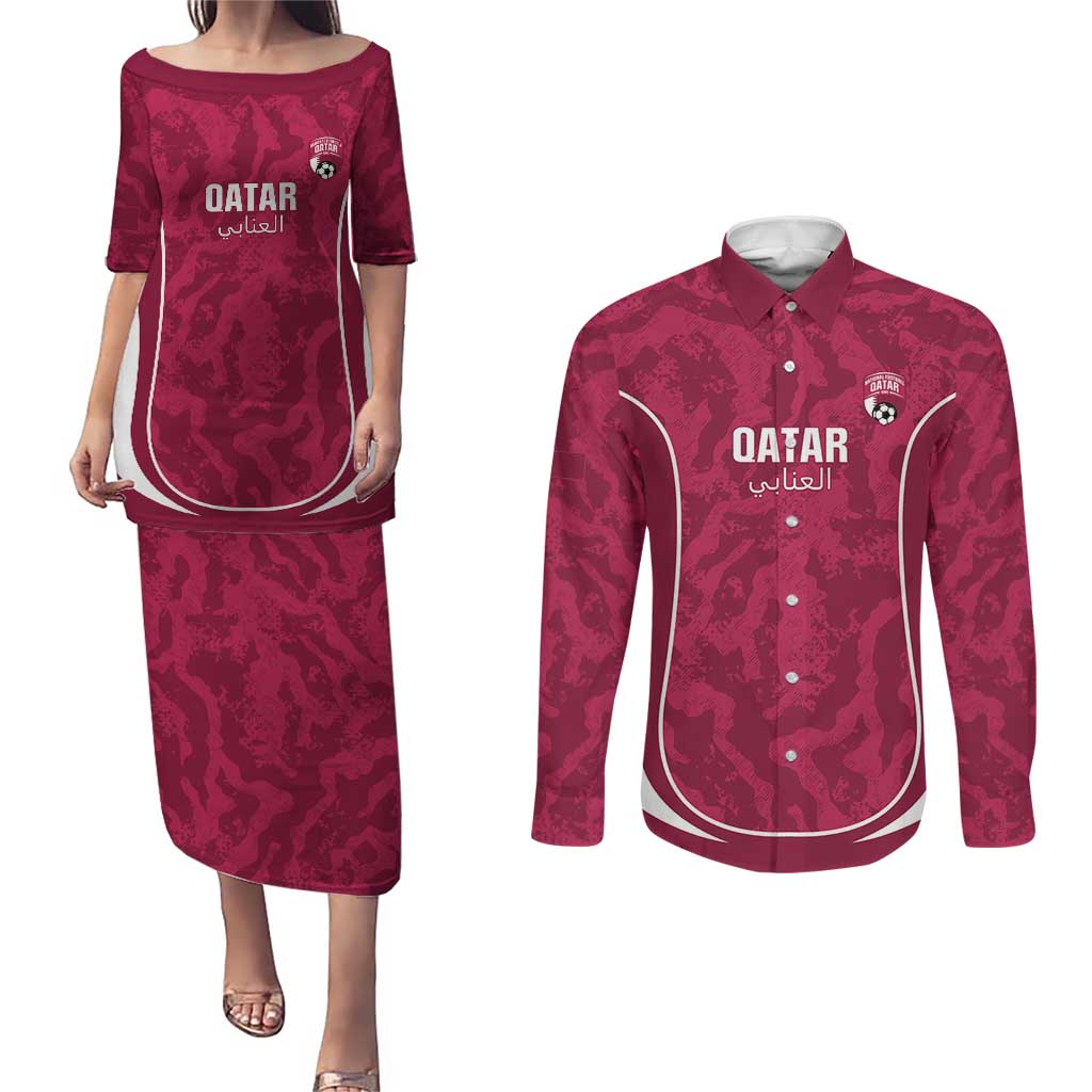 Custom Qatar Football Couples Matching Puletasi and Long Sleeve Button Shirt 2026 Come On The Maroons - Wonder Print Shop