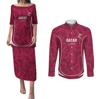 Custom Qatar Football Couples Matching Puletasi and Long Sleeve Button Shirt 2026 Come On The Maroons - Wonder Print Shop
