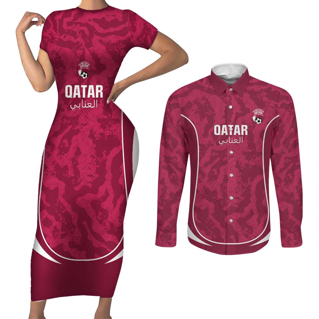 Custom Qatar Football Couples Matching Short Sleeve Bodycon Dress and Long Sleeve Button Shirt 2026 Come On The Maroons - Wonder Print Shop