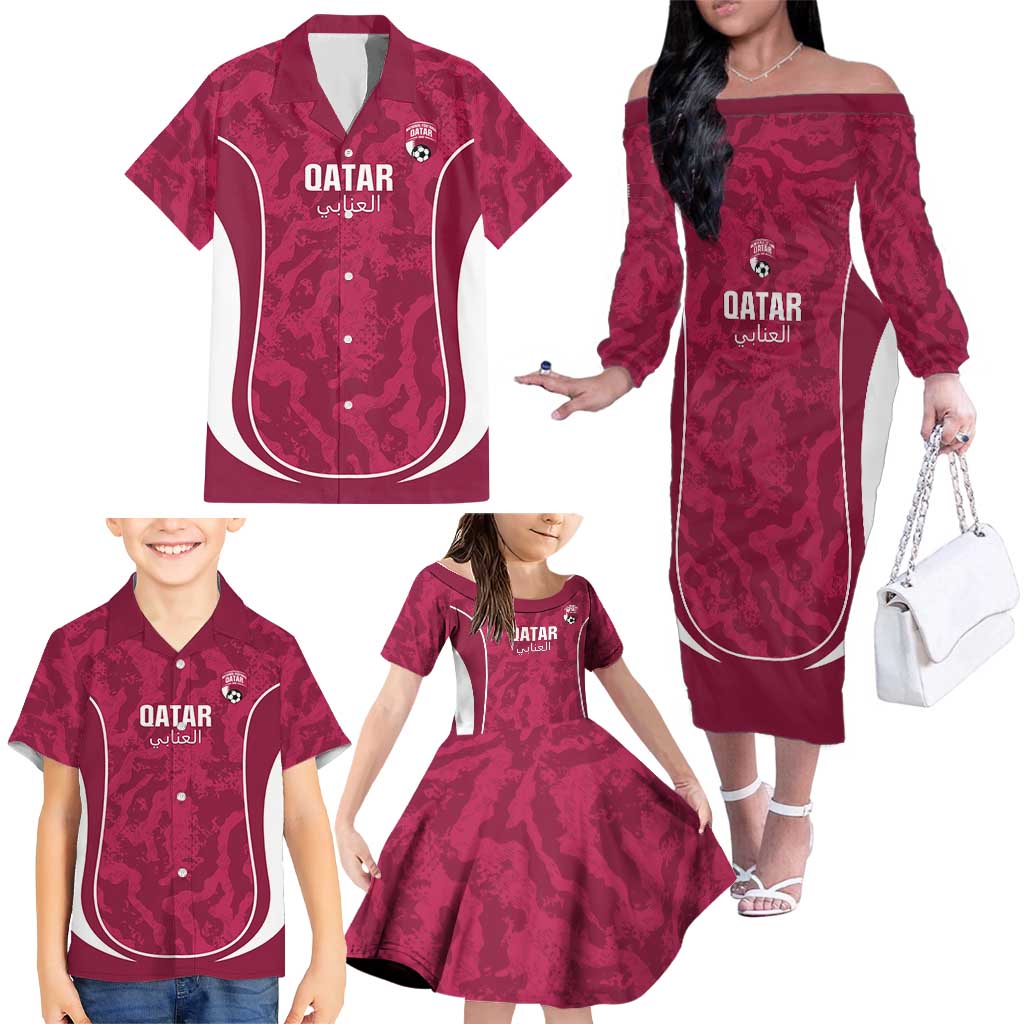 Custom Qatar Football Family Matching Off The Shoulder Long Sleeve Dress and Hawaiian Shirt 2026 Come On The Maroons - Wonder Print Shop