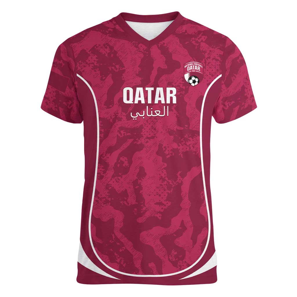 Custom Qatar Football Women V-Neck T-Shirt 2026 Come On The Maroons - Wonder Print Shop