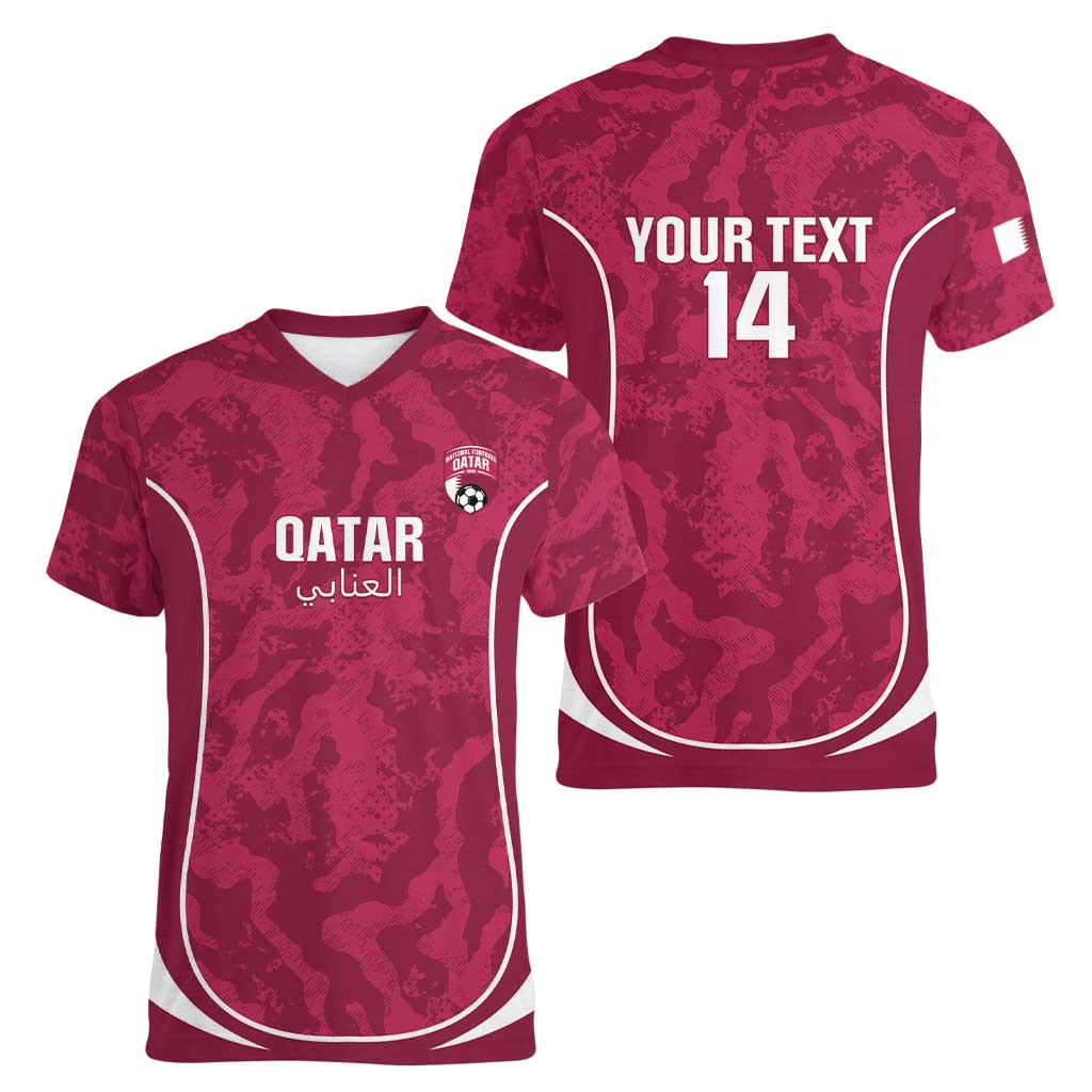 Custom Qatar Football Women V-Neck T-Shirt 2026 Come On The Maroons - Wonder Print Shop