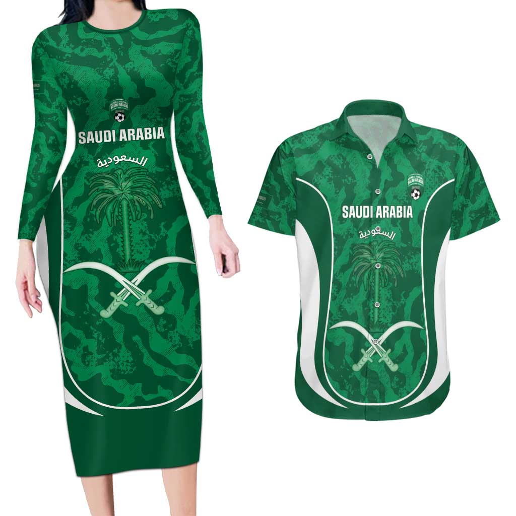 Custom Saudi Arabia Football Couples Matching Long Sleeve Bodycon Dress and Hawaiian Shirt 2026 Come On Arabian Falcons - Wonder Print Shop