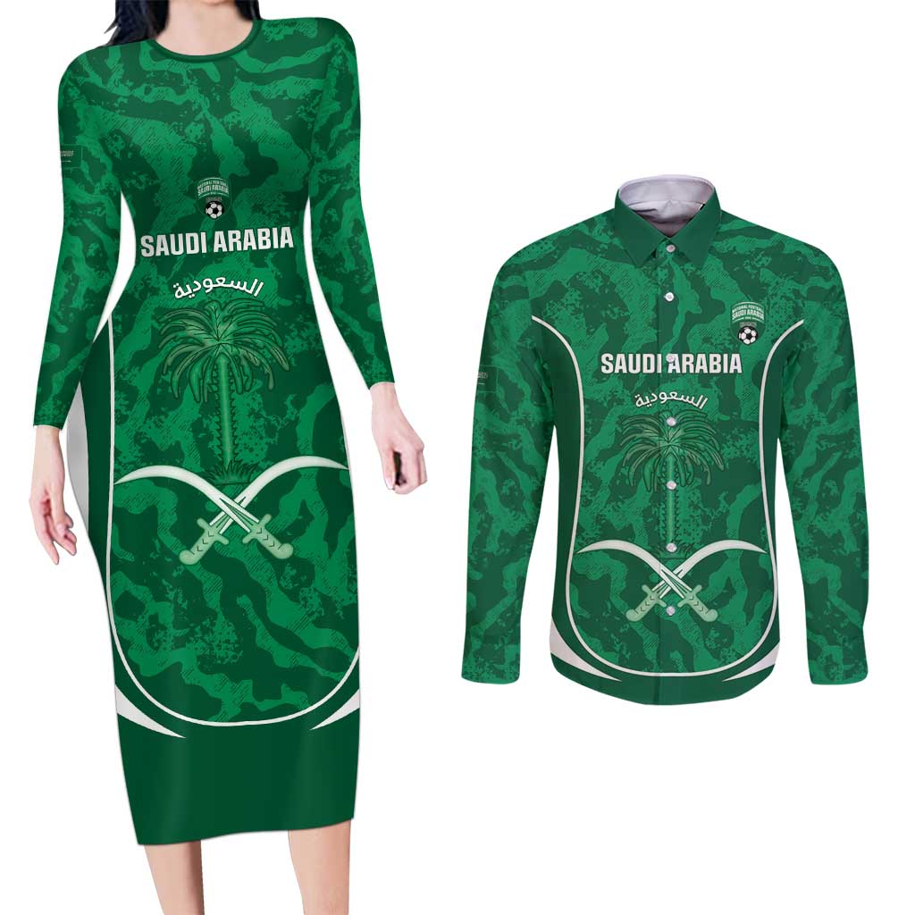 Custom Saudi Arabia Football Couples Matching Long Sleeve Bodycon Dress and Long Sleeve Button Shirt 2026 Come On Arabian Falcons - Wonder Print Shop