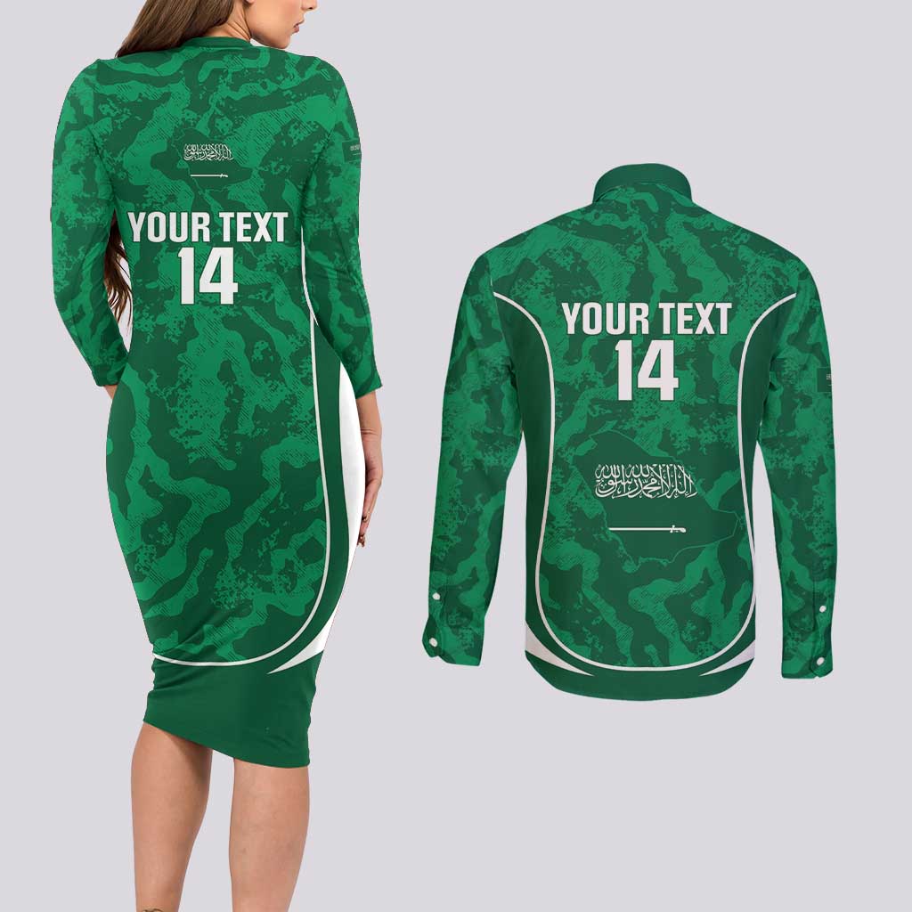 Custom Saudi Arabia Football Couples Matching Long Sleeve Bodycon Dress and Long Sleeve Button Shirt 2026 Come On Arabian Falcons - Wonder Print Shop