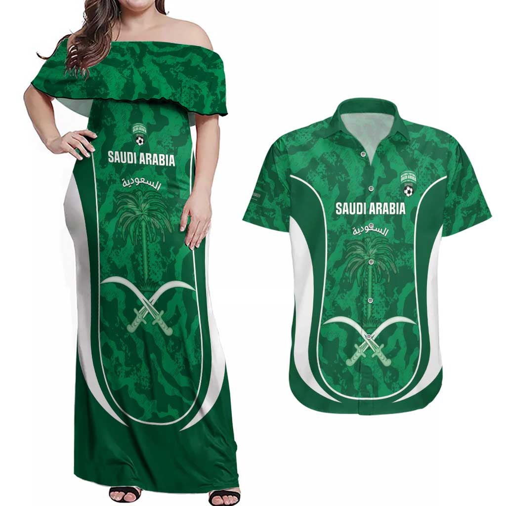 Custom Saudi Arabia Football Couples Matching Off Shoulder Maxi Dress and Hawaiian Shirt 2026 Come On Arabian Falcons - Wonder Print Shop