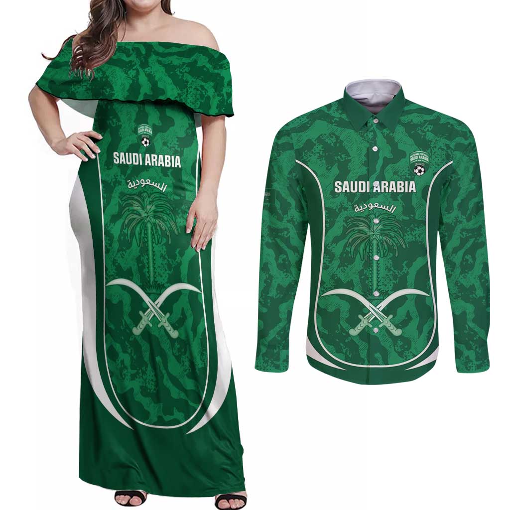 Custom Saudi Arabia Football Couples Matching Off Shoulder Maxi Dress and Long Sleeve Button Shirt 2026 Come On Arabian Falcons - Wonder Print Shop