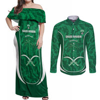 Custom Saudi Arabia Football Couples Matching Off Shoulder Maxi Dress and Long Sleeve Button Shirt 2026 Come On Arabian Falcons - Wonder Print Shop