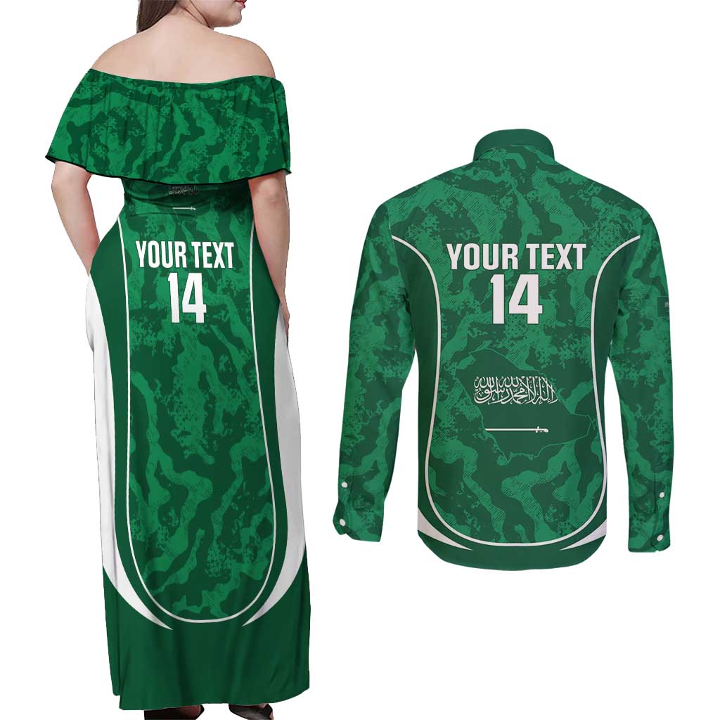 Custom Saudi Arabia Football Couples Matching Off Shoulder Maxi Dress and Long Sleeve Button Shirt 2026 Come On Arabian Falcons - Wonder Print Shop