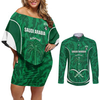 Custom Saudi Arabia Football Couples Matching Off Shoulder Short Dress and Long Sleeve Button Shirt 2026 Come On Arabian Falcons - Wonder Print Shop