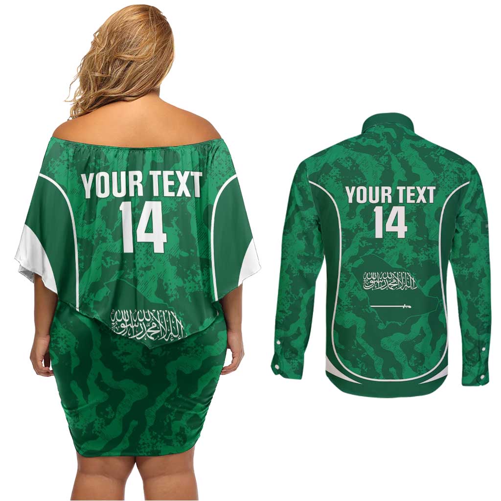 Custom Saudi Arabia Football Couples Matching Off Shoulder Short Dress and Long Sleeve Button Shirt 2026 Come On Arabian Falcons - Wonder Print Shop