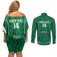 Custom Saudi Arabia Football Couples Matching Off Shoulder Short Dress and Long Sleeve Button Shirt 2026 Come On Arabian Falcons - Wonder Print Shop