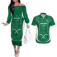 Custom Saudi Arabia Football Couples Matching Off The Shoulder Long Sleeve Dress and Hawaiian Shirt 2026 Come On Arabian Falcons - Wonder Print Shop