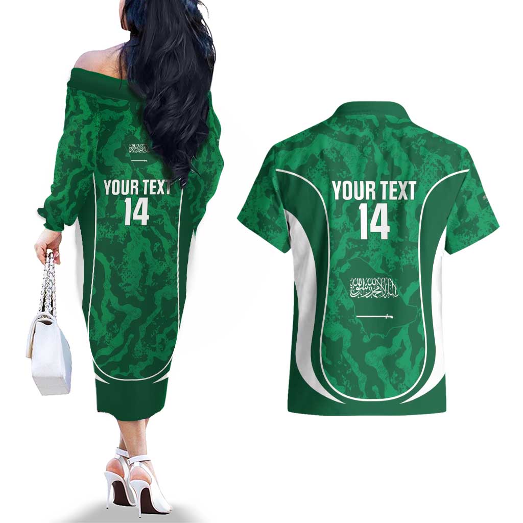 Custom Saudi Arabia Football Couples Matching Off The Shoulder Long Sleeve Dress and Hawaiian Shirt 2026 Come On Arabian Falcons - Wonder Print Shop